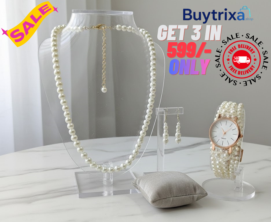 Pearl Studded & Beaded Jewellery Set with watch