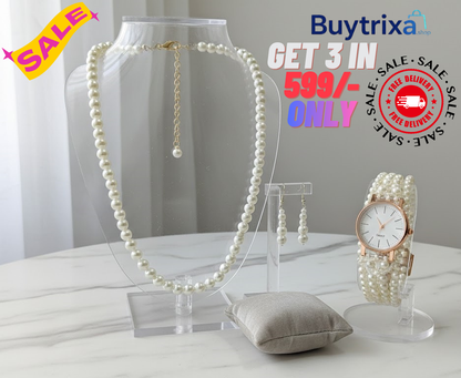 Pearl Studded & Beaded Jewellery Set with watch